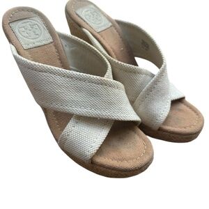 TORY BURCH Kristen Wedge Sandals Women 8 Espadrille Slip On Heels Gold Logo